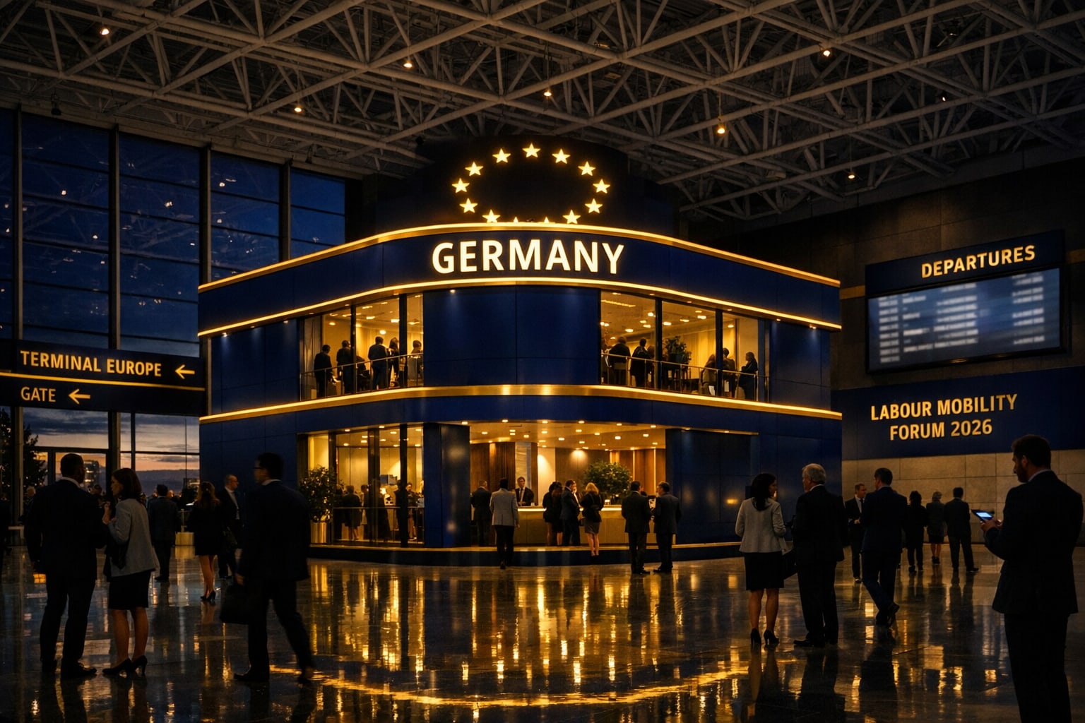Germany Pavilion at night — the glowing anchor of Terminal Europe